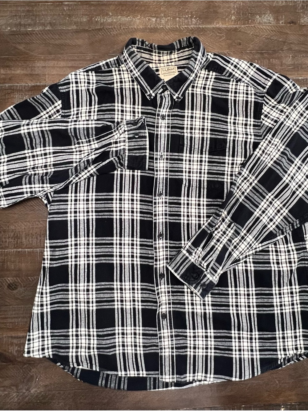 L.L. Bean Black and White Plaid Cotton Button-Down Flannel Shirt